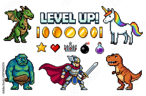 Pixel art 8-bit game assets set, retro arcade icons with dragon unicorn dinosaur knight coins and level up UI elements vector illustration