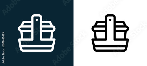 Two-color take away outline icon pair in black and white, editable stroke vector illustration for web, mobile apps, UI design, branding, and print from take away
