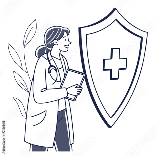 Female doctor with stethoscope holding tablet next to medical cross shield