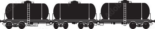 Railway oil tankers, train cars, industrial transportation, black icons, vector graphics