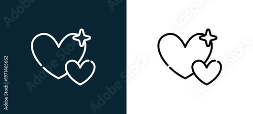 Two-color hearts outline icon pair in black and white, editable stroke vector illustration for web, mobile apps, UI design, branding, and print from date night