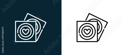 Two-color condoms outline icon pair in black and white, editable stroke vector illustration for web, mobile apps, UI design, branding, and print from date night
