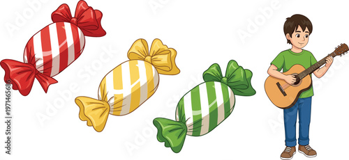 Colorful wrapped candies collection with boy playing guitar cartoon character sweet dessert vector illustration set