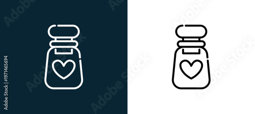 Two-color vial outline icon pair in black and white, editable stroke vector illustration for web, mobile apps, UI design, branding, and print from date night