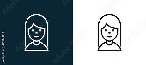 Two-color girl outline icon pair in black and white, editable stroke vector illustration for web, mobile apps, UI design, branding, and print from date night