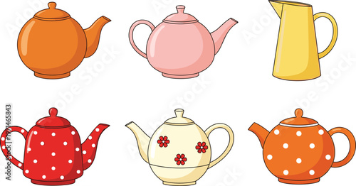 Teapot Collection Vector Illustration Set Featuring Classic and Modern Teapots with Polka Dot Floral and Minimal Designs for Kitchen and Tea Culture Graphics