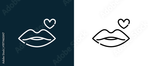 Two-color kiss outline icon pair in black and white, editable stroke vector illustration for web, mobile apps, UI design, branding, and print from date night