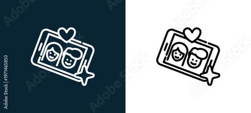 Two-color selfie outline icon pair in black and white, editable stroke vector illustration for web, mobile apps, UI design, branding, and print from date night