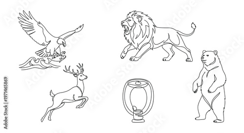 Line art illustration featuring a lion eagle bear deer and other elements