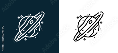 Two-color saturn outline icon pair in black and white, editable stroke vector illustration for web, mobile apps, UI design, branding, and print from space