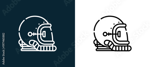Two-color helmet outline icon pair in black and white, editable stroke vector illustration for web, mobile apps, UI design, branding, and print from space
