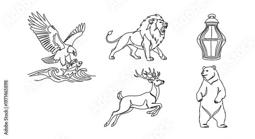 Line art illustration featuring a lion eagle bear deer and other elements