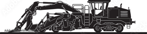 Heavy duty road milling machine, asphalt cutter, construction equipment, black silhouette, vector illustration