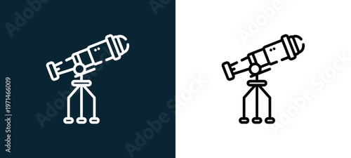 Two-color telescope outline icon pair in black and white, editable stroke vector illustration for web, mobile apps, UI design, branding, and print from space