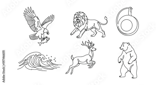 Line art illustration featuring a lion eagle bear deer and other elements