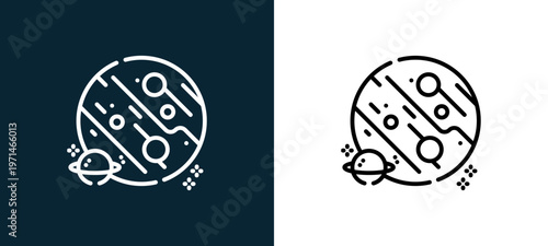 Two-color planet outline icon pair in black and white, editable stroke vector illustration for web, mobile apps, UI design, branding, and print from space