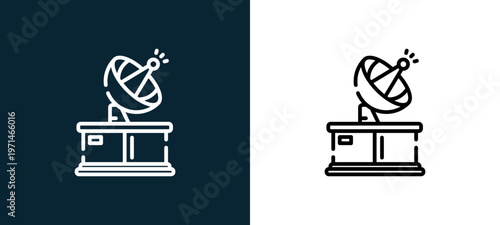Two-color satellite dish outline icon pair in black and white, editable stroke vector illustration for web, mobile apps, UI design, branding, and print from space