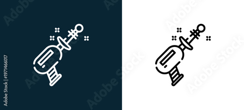 Two-color space gun outline icon pair in black and white, editable stroke vector illustration for web, mobile apps, UI design, branding, and print from space