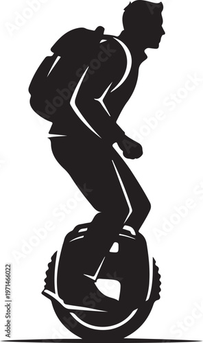 Monochrome silhouette of man riding electric unicycle, black and white vector graphic, transportation, recreation, sports icon