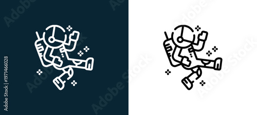 Two-color astronaut outline icon pair in black and white, editable stroke vector illustration for web, mobile apps, UI design, branding, and print from space