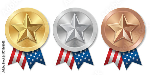 Golden silver and bronze award sport medal with USA ribbons and star