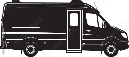 Black camper van, motorhome silhouette, RV icon, travel vehicle