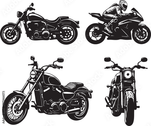 Four black and white motorcycles on a white background