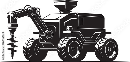 Black, industrial, heavy-duty auger drill, earth drilling machine, construction vehicle, vector illustration