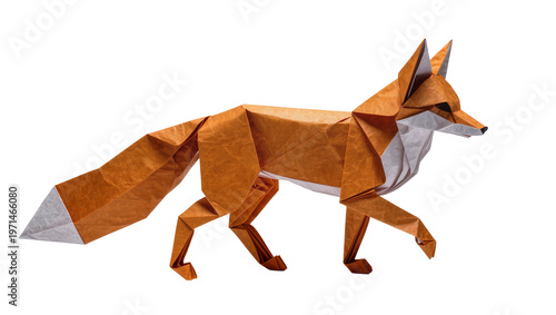 Orange and white origami fox sculpture, isolated on transparent background