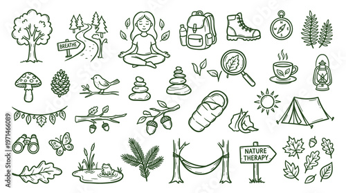 Whimsical Hand Drawn Nature and Outdoor Adventure Icons Set for Camping and Mindfulness