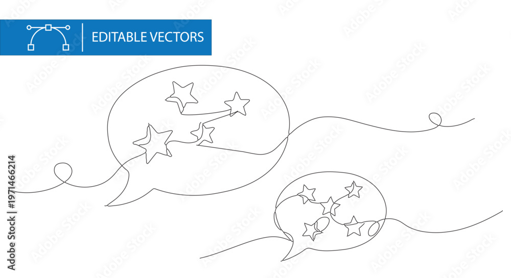 Fototapeta premium Minimalist continuous line art speech bubbles with stars, editable vector set of two chat icons, modern outline communication bubbles for feedback