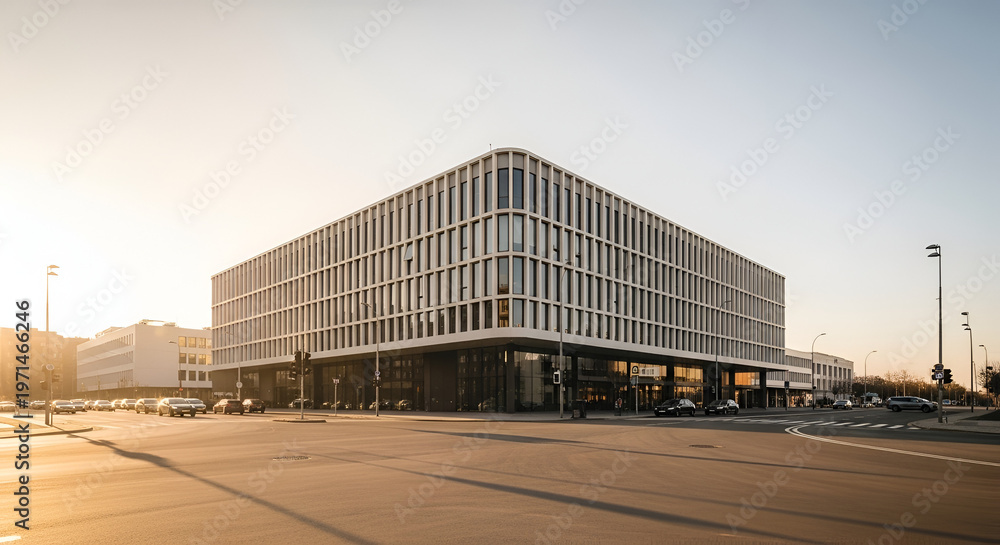 Obraz premium Modern office building exterior with geometric facade and glass windows, bathed in warm sunset light, urban architecture concept