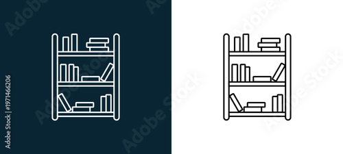 Two-color bookshelf outline icon pair in black and white, editable stroke vector illustration for web, mobile apps, UI design, branding, and print from furniture