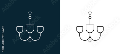 Two-color chandelier outline icon pair in black and white, editable stroke vector illustration for web, mobile apps, UI design, branding, and print from furniture