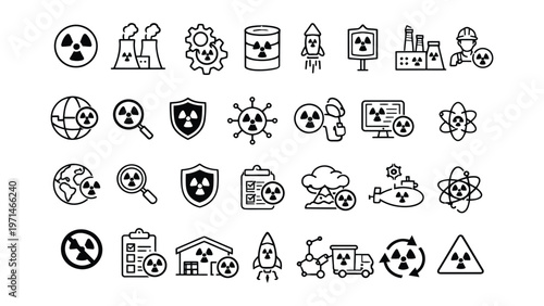 Editable stroke. Vector illustration Set of 30 outline icons related to nuclear sign. Linear icon collection. 
