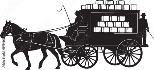 Vintage horse-drawn delivery cart, black silhouette, cargo wagon, horse and carriage