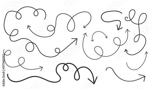Hand drawn arrows and swirls on white background