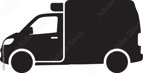 Black delivery van silhouette, delivery truck icon, vehicle graphics, transportation symbol