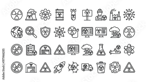 Set of 30 outline icons related to nuclear sign. Linear icon collection. Editable stroke. Vector illustration
