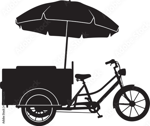 Black bicycle cart, tricycle food vendor, umbrella canopy, vector silhouette