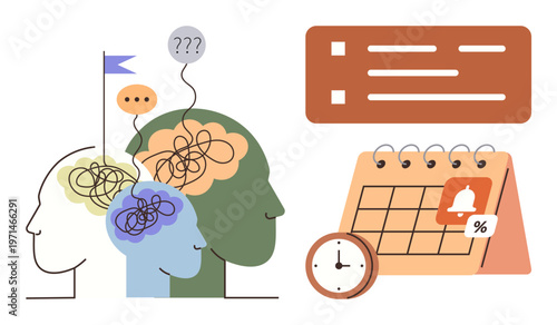 Mental health, productivity, time management, organization, problem solving, decision making. Human heads with tangled thoughts, planner with reminder icons. Mental health and productivity concept