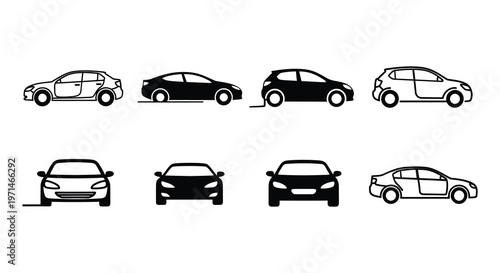 Four monochrome illustrations of modern passenger cars in different views