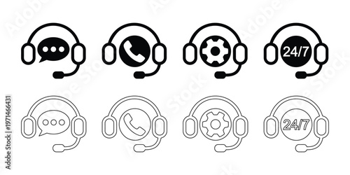 Customer service icons with headsets on white background for support and help