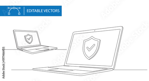 Minimalist continuous line drawing of laptop with security shield, cyber security concept art, editable vector illustration of protected computer