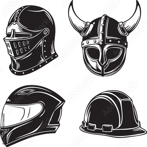 Four different helmets on a white background