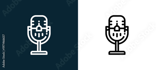 Two-color microphone outline icon pair in black and white, editable stroke vector illustration for web, mobile apps, UI design, branding, and print from news journal