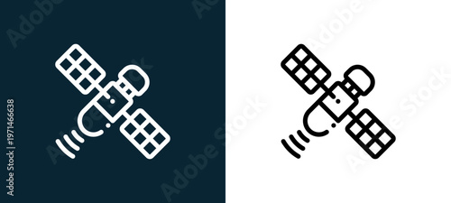 Two-color satellite outline icon pair in black and white, editable stroke vector illustration for web, mobile apps, UI design, branding, and print from news journal