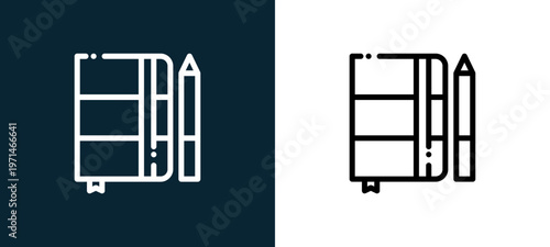 Two-color notebook outline icon pair in black and white, editable stroke vector illustration for web, mobile apps, UI design, branding, and print from news journal