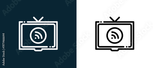 Two-color tv outline icon pair in black and white, editable stroke vector illustration for web, mobile apps, UI design, branding, and print from news journal