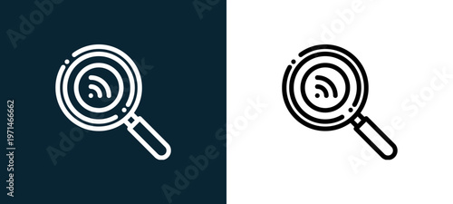 Two-color search outline icon pair in black and white, editable stroke vector illustration for web, mobile apps, UI design, branding, and print from news journal